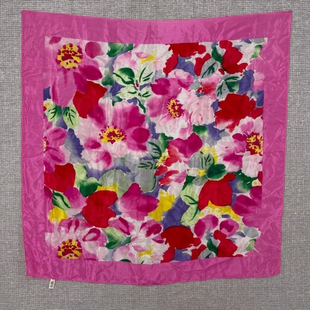 Vintage Baar Beards Scarf Women OS Pink Floral Silk Lightweight Cottage Coquette